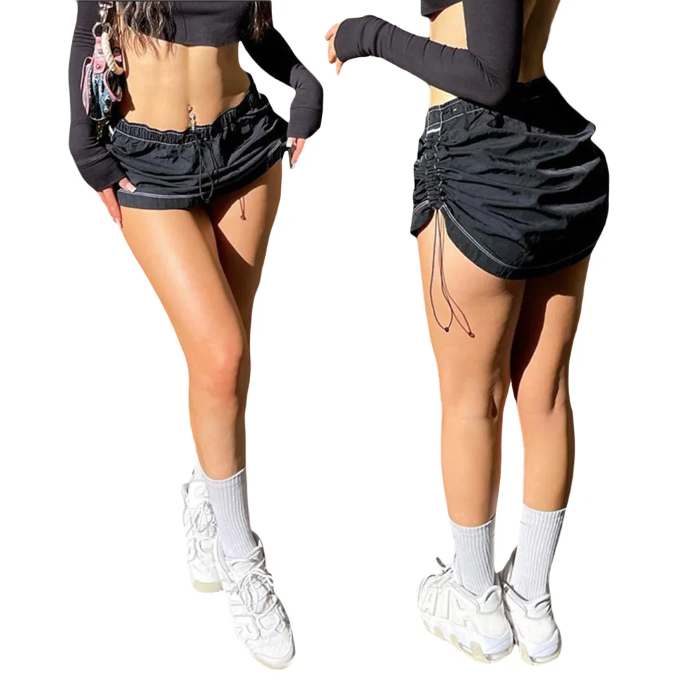 Women's Spring Black High Waist Ruched Drawstring Streetwear Shorts