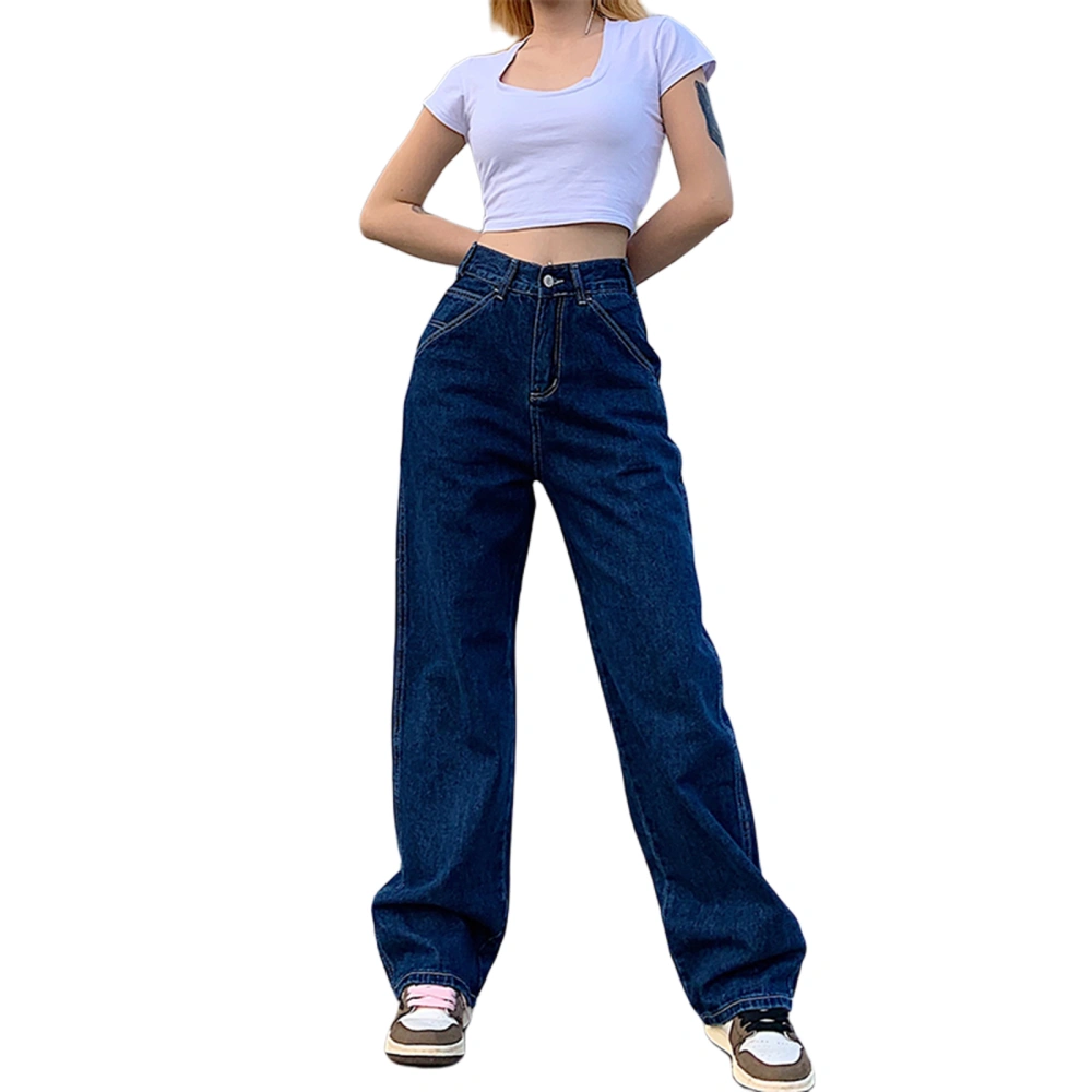 Women Casual Jeans, Dark Blue High Waist Straight-leg Long Pants