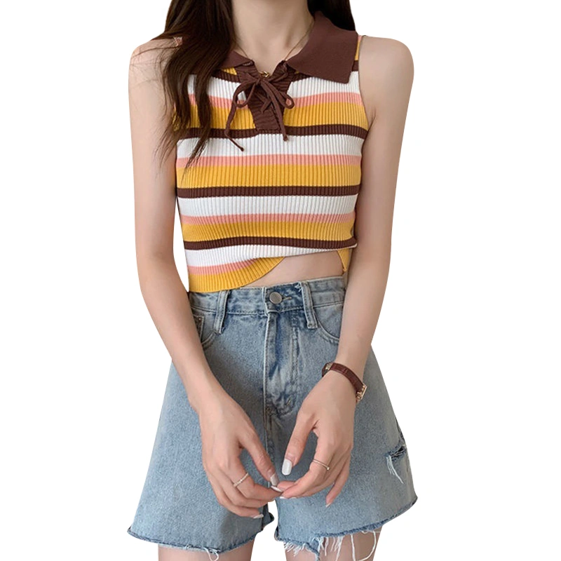 Women's Knitting Vest, Striped Lapel Tie-Up Slim Cropped Tank Tops