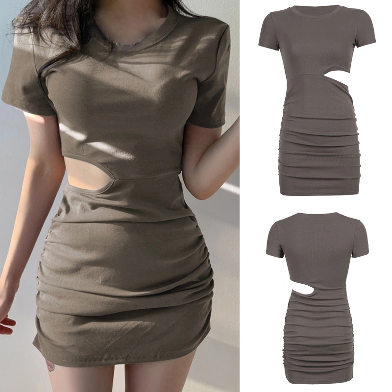 Women’s Solid Color Short Sleeve Round Neck Hollow Skinny Short Dress