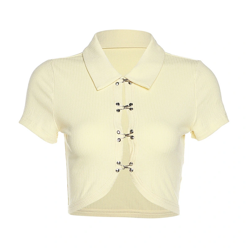 Women Short Sleeve Tops with Lapel Skinny, Metal Buckle Clothing