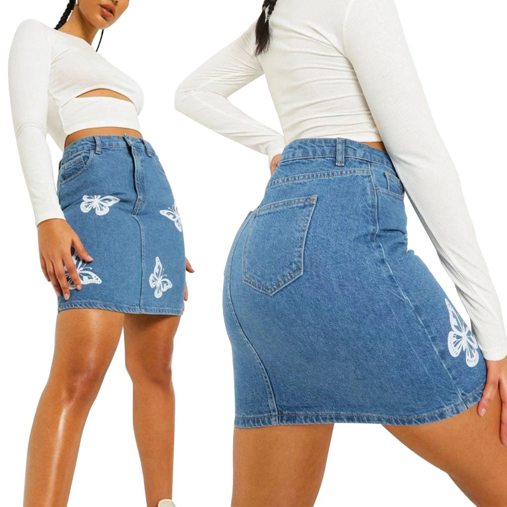 Women Casual Denim Skirt, Butterfly Print Zipper Skirt with Pockets