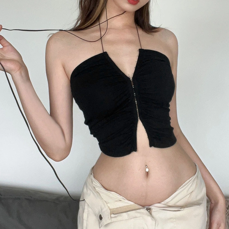 Women’s Solid Color Tie-up Backless Exposed Navel Halter Hook Vest