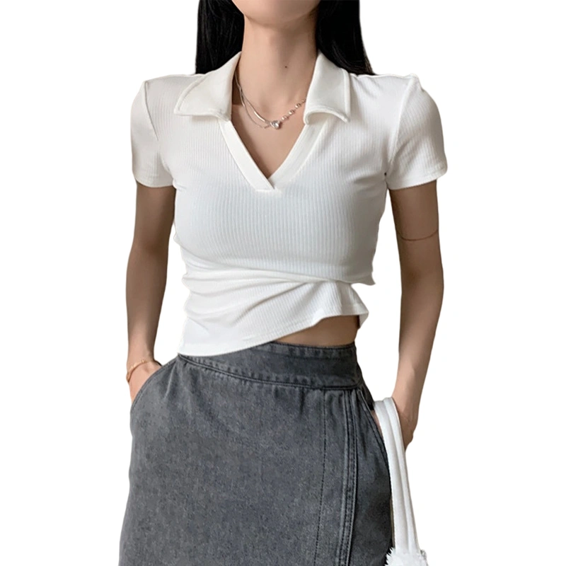 Women Crop Tops Casual Lapel V Neck Short Sleeve Solid Color Slim Tees