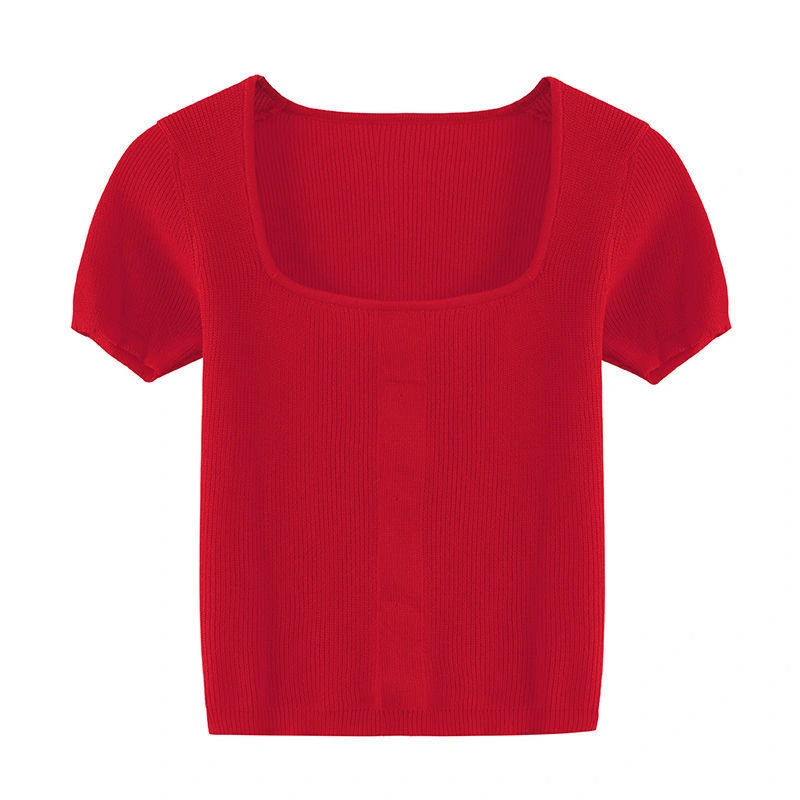 Women’s Solid Color Square Collar Short Sleeve Knitted Cropped Tops