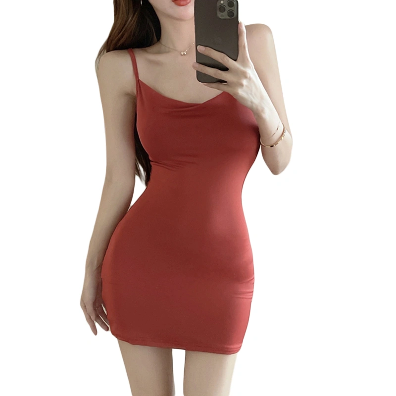 Female Solid Color Sleeveless Spaghetti Strap Low-Cut Backless Dress