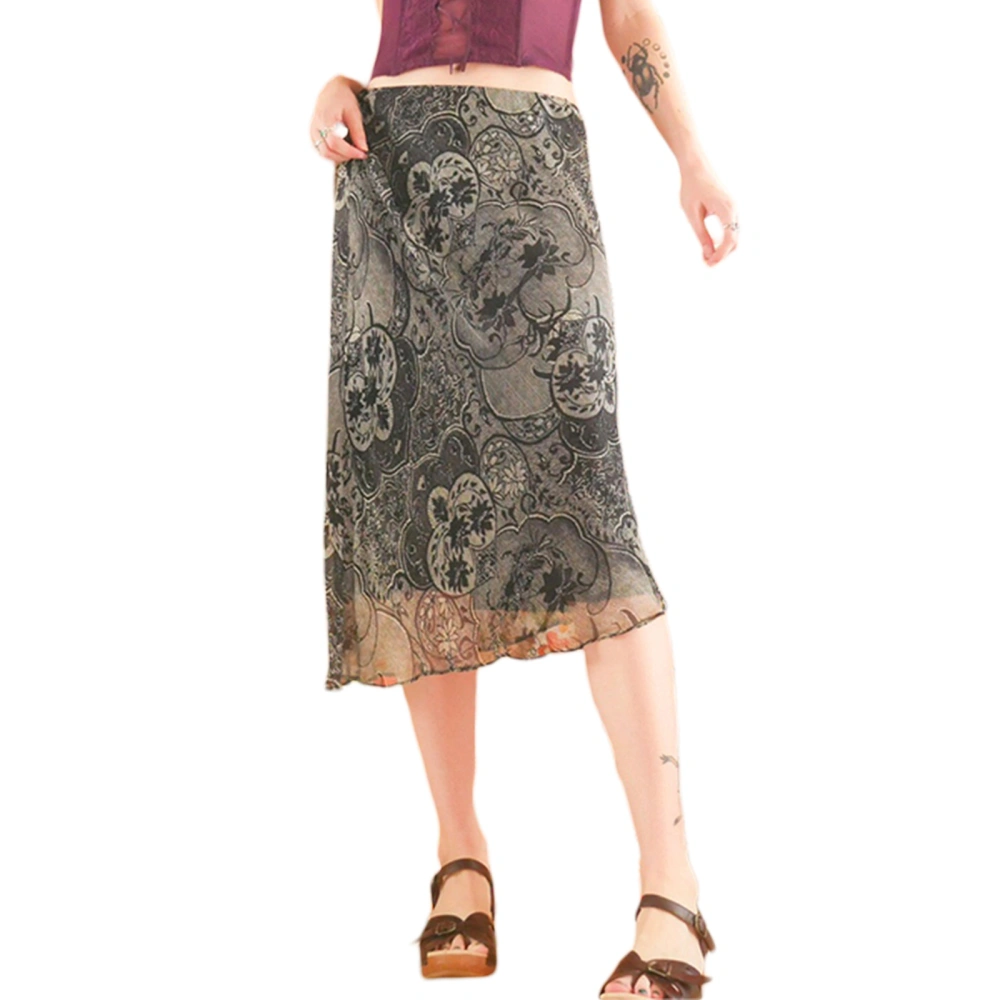 Women’s Printing Mesh Patchwork High Waist Irregular Midi Skirts