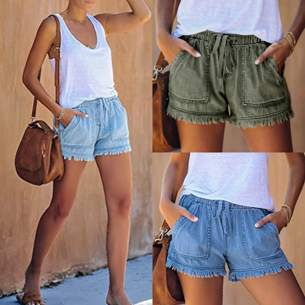 Women Washed Denim Shorts, Elastic Waist Frayed Hem Loose Short Jeans