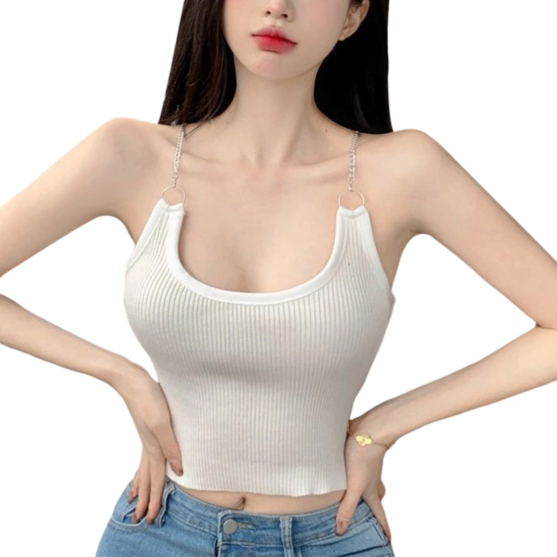 Knit Camisole, Sleeveless Solid Color U-shaped Neck Chain Crop Tops