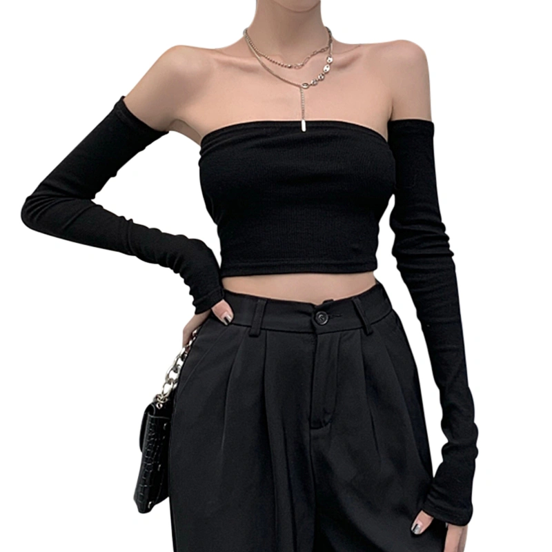 Women Solid Color Bodycon Cropped Tube Tops with Oversleeves