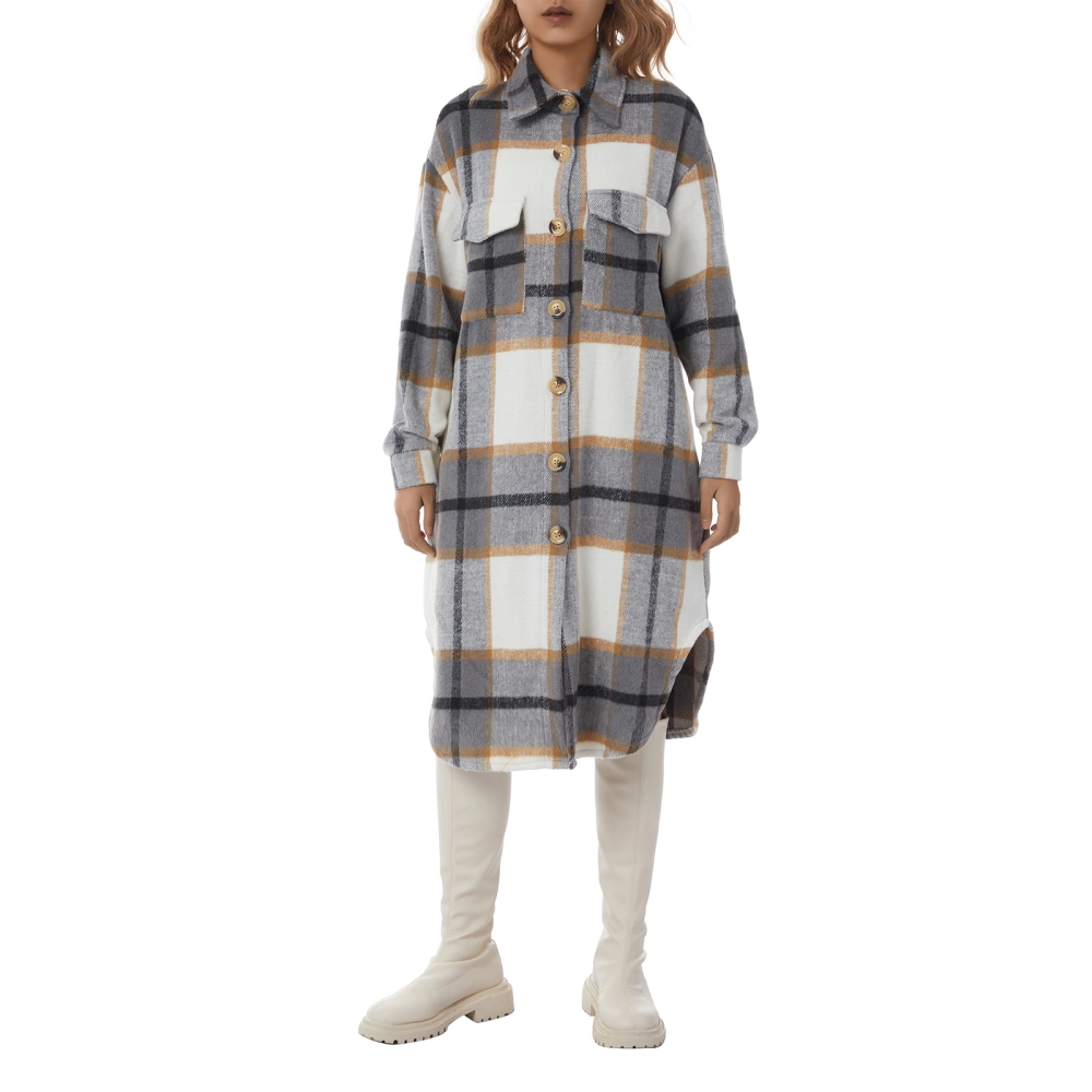 Women Plaid Long Coat with Single-breasted, Pocket Decoration