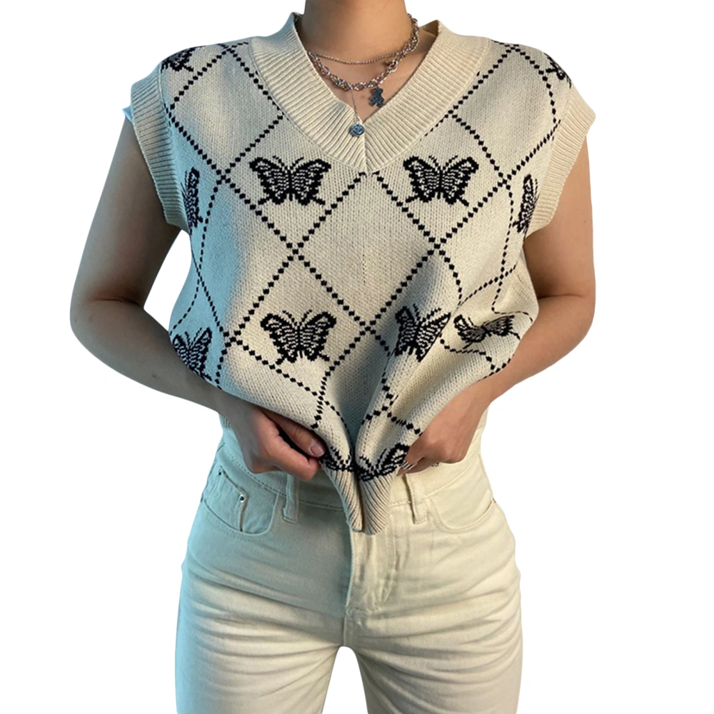 Women’s Fashion Butterfly Pattern V-neck Loose Sleeveless Knitwear