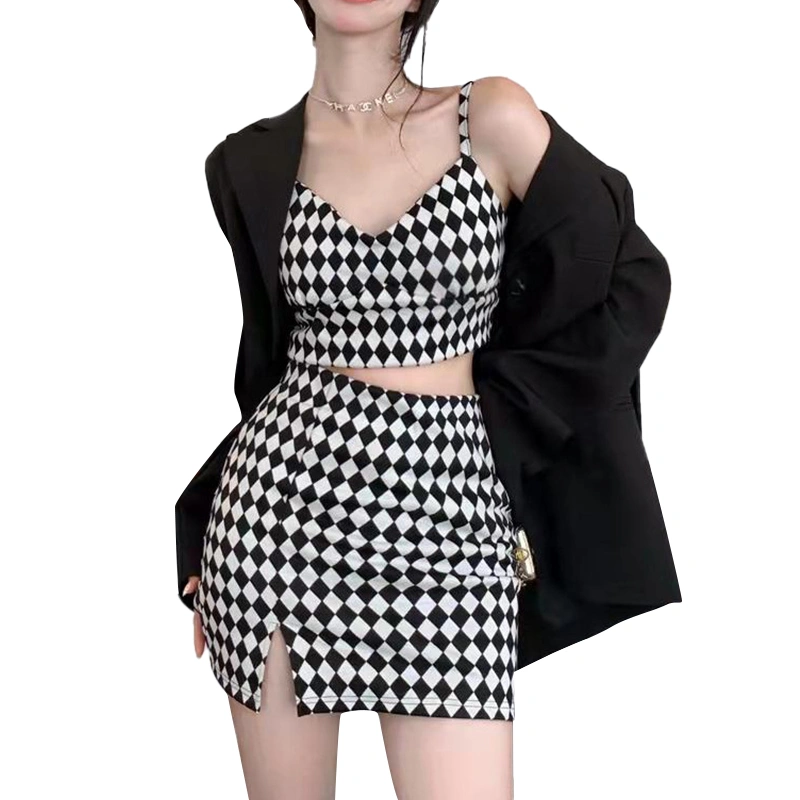 Women Tanks Tops + Skirt, Plaid Print Slit Fit Cotton Clothing