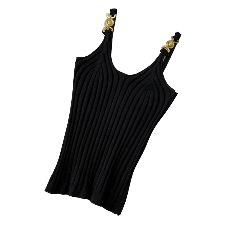 Ladies Tops Metal Chain Sling Rib Knit V-Neck Slim Fit Tank Tops  