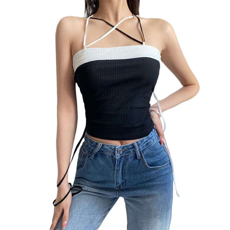 Female Camisole, Contrast Color Sleeveless Bandage Ribbed Tops Vest