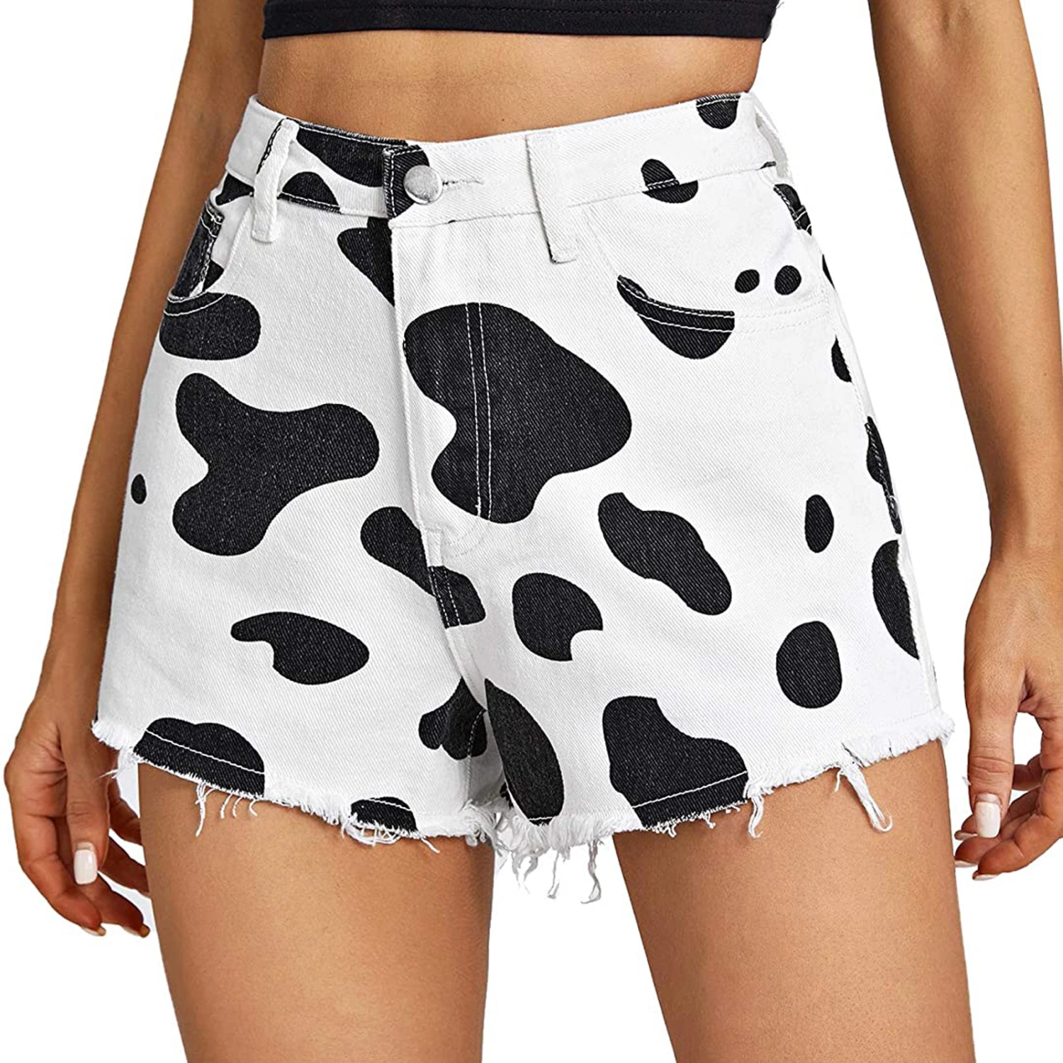 Women Casual Fashion Cows Printed High Waist Jeans Short Trousers