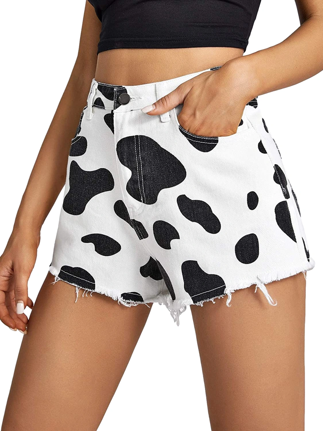 Women Casual Fashion Cows Printed High Waist Jeans Short Trousers