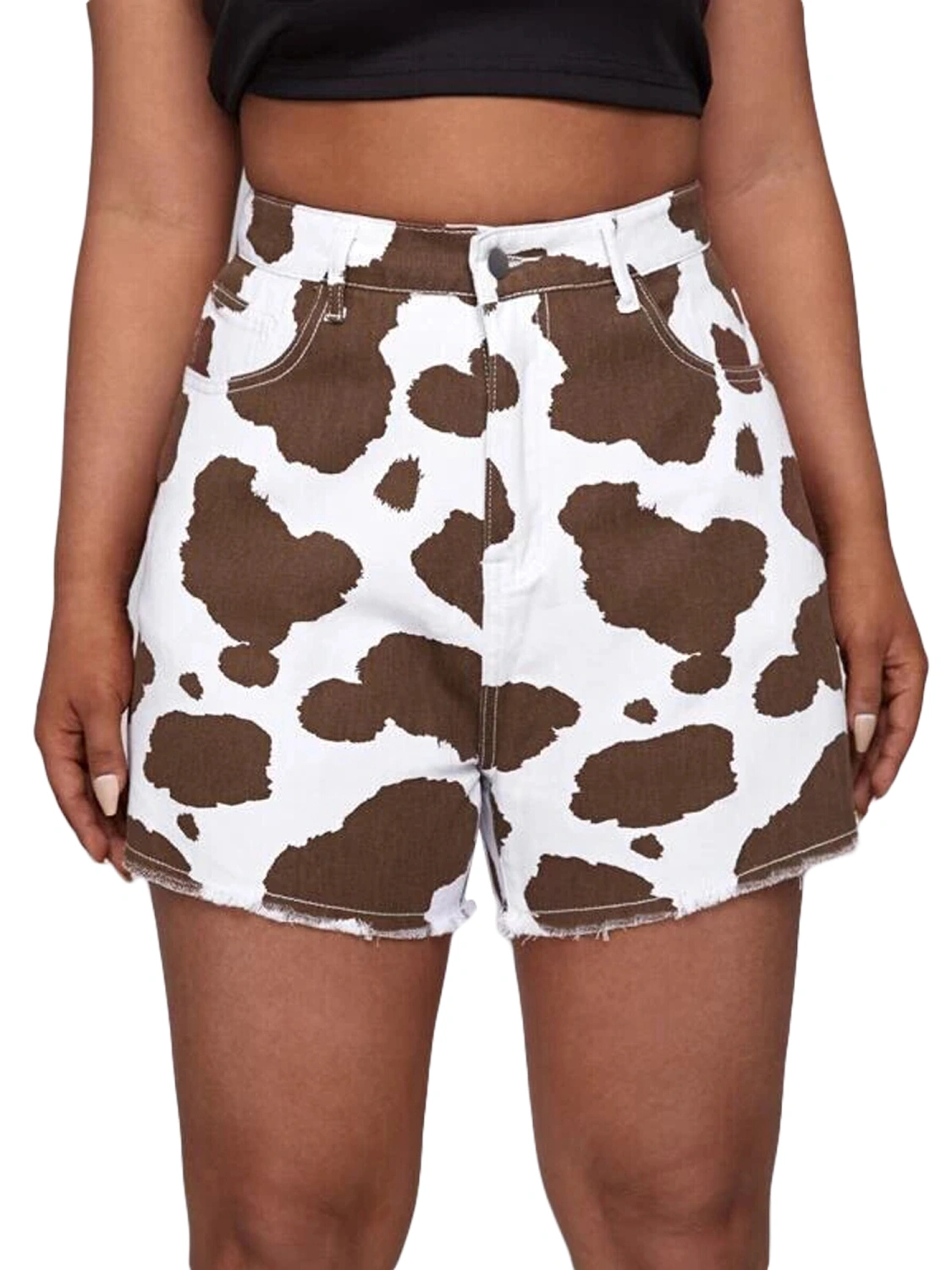 Women Casual Fashion Cows Printed High Waist Jeans Short Trousers