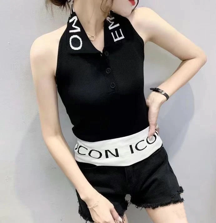 Women Summer Halter Tops, Lapel Neck Hanging Letter Backless Vest
