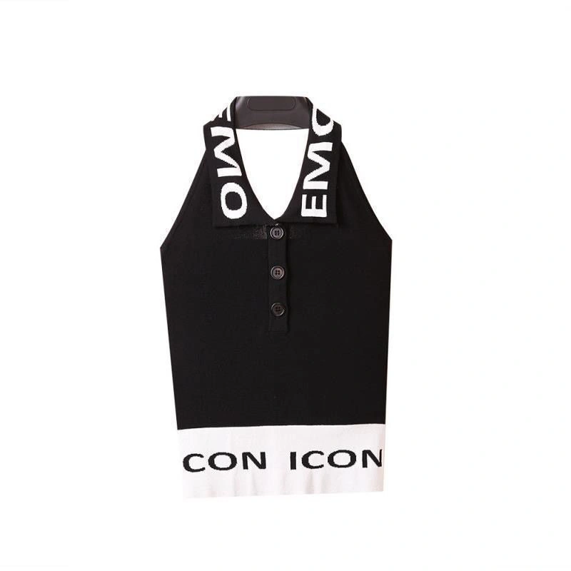 Women Summer Halter Tops, Lapel Neck Hanging Letter Backless Vest