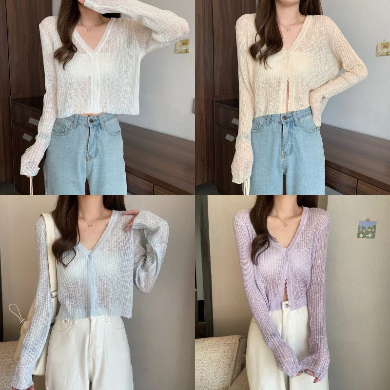 Women Button  Crop Tops, Long Sleeve Rib Knit Loose Cardigan