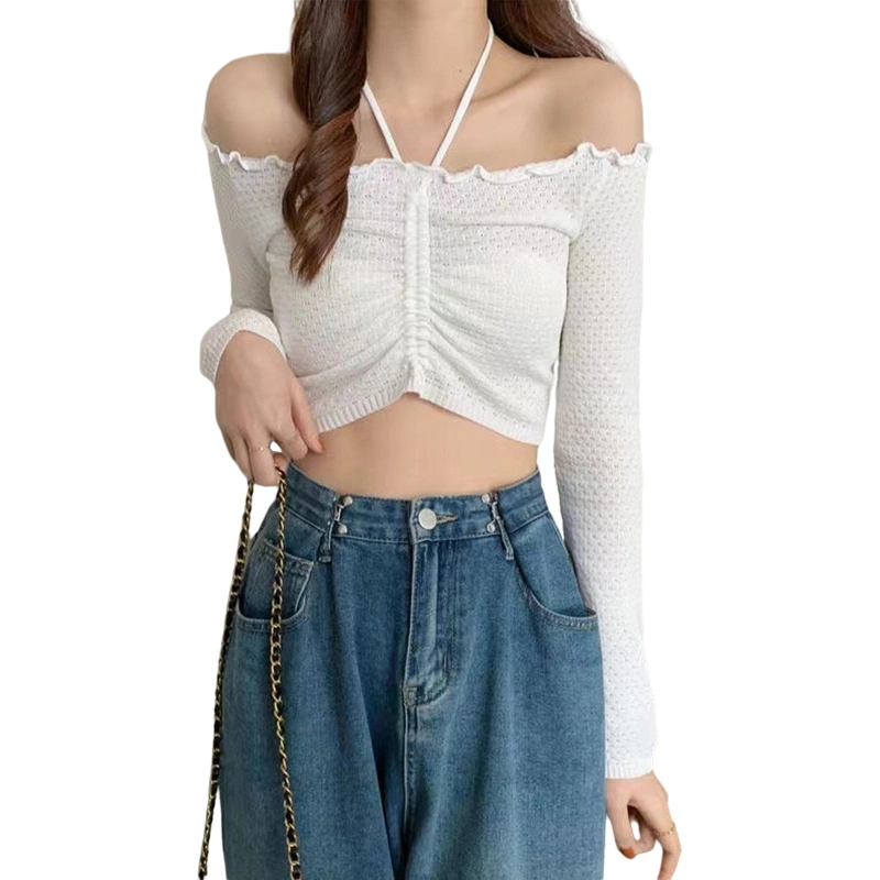 Women Slim Fit Knitwear, Off-the-shoulder Long Sleeve Cropped Tops