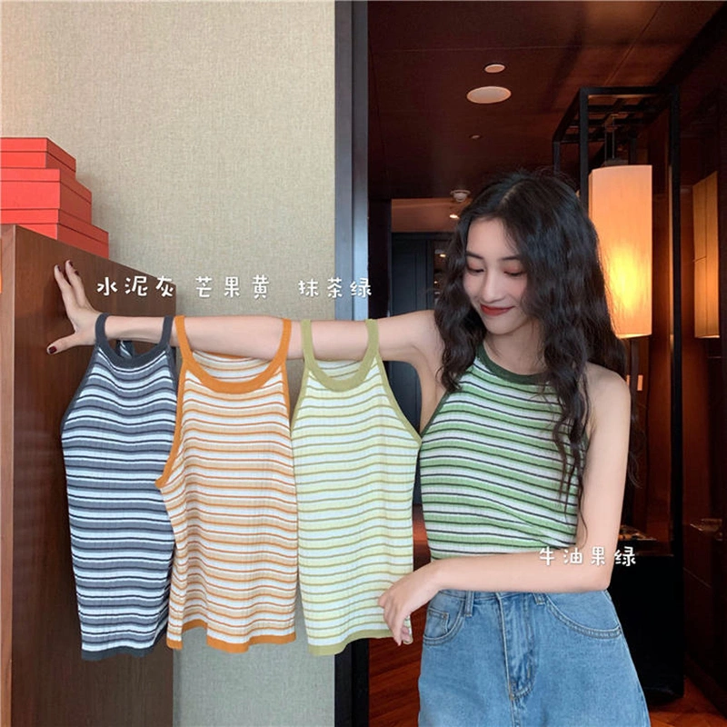 Women Close-fitting Vest, Stripe Pattern Round Collar Sleeveless Tops