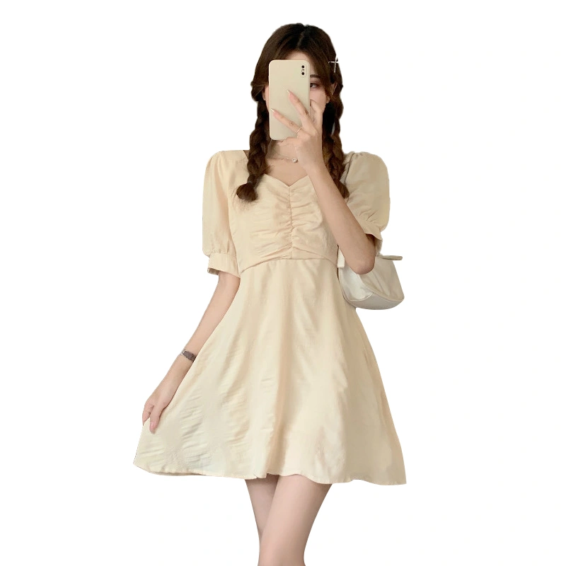 Female Solid Color V-Neck Short Puff Sleeve Ruched Backless Dress