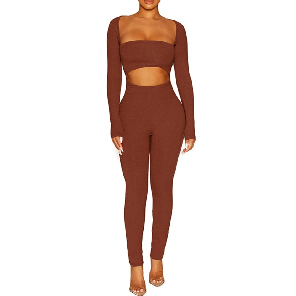 Women Sexy Bodycon Jumpsuit Solid Color Long Sleeve Front Navel Romper