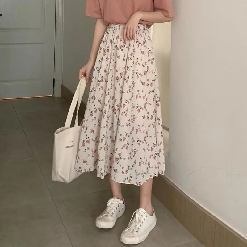 Women's Flower Print Summer Skirt, Elastic Waist A-Line Skirt
