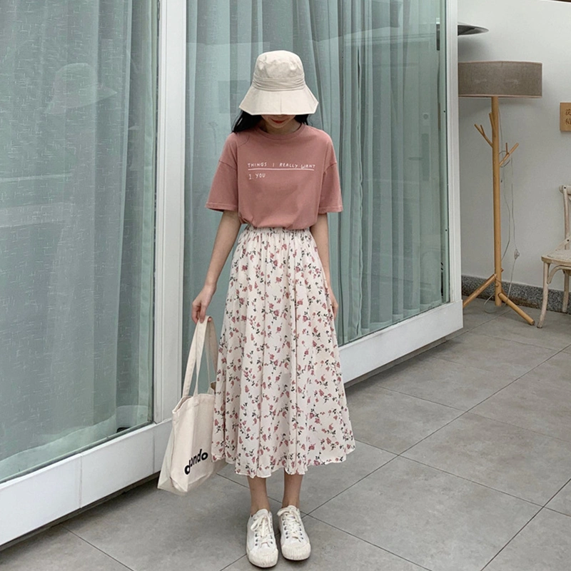 Women's Flower Print Summer Skirt, Elastic Waist A-Line Skirt