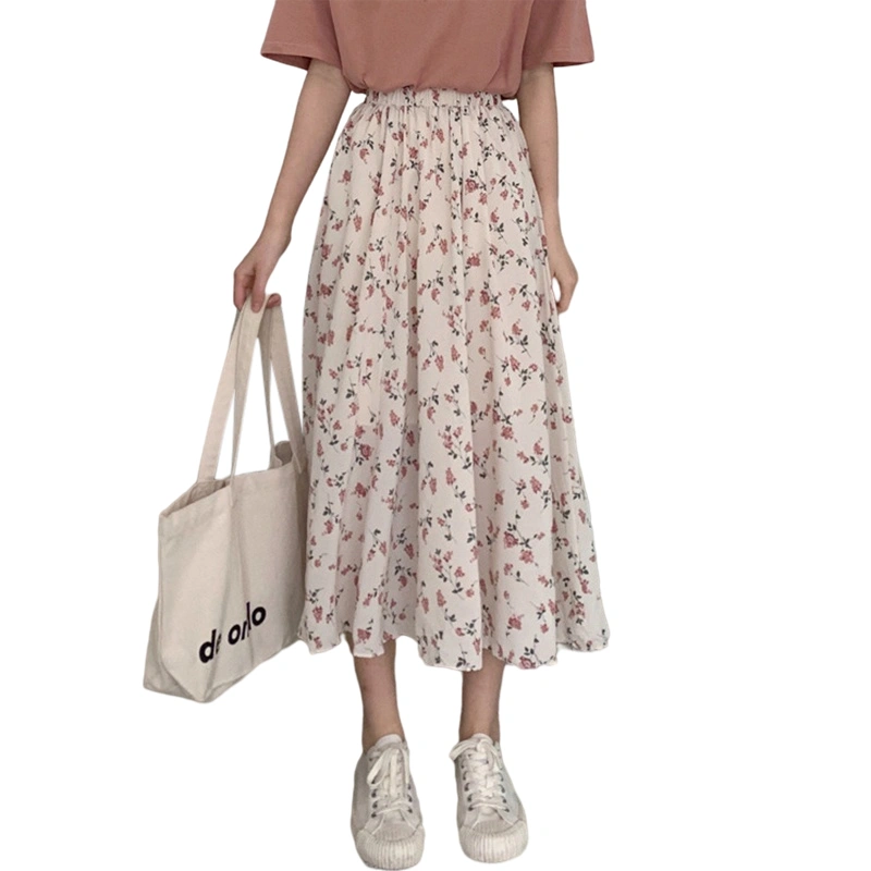 Women's Flower Print Summer Skirt, Elastic Waist A-Line Skirt