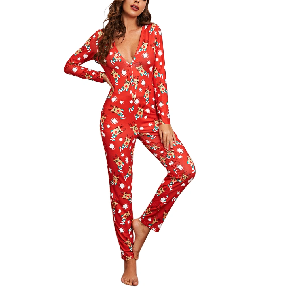 Women Pajamas Jumpsuit, Christmas Cartoon Printed One-Piece Sleepwear