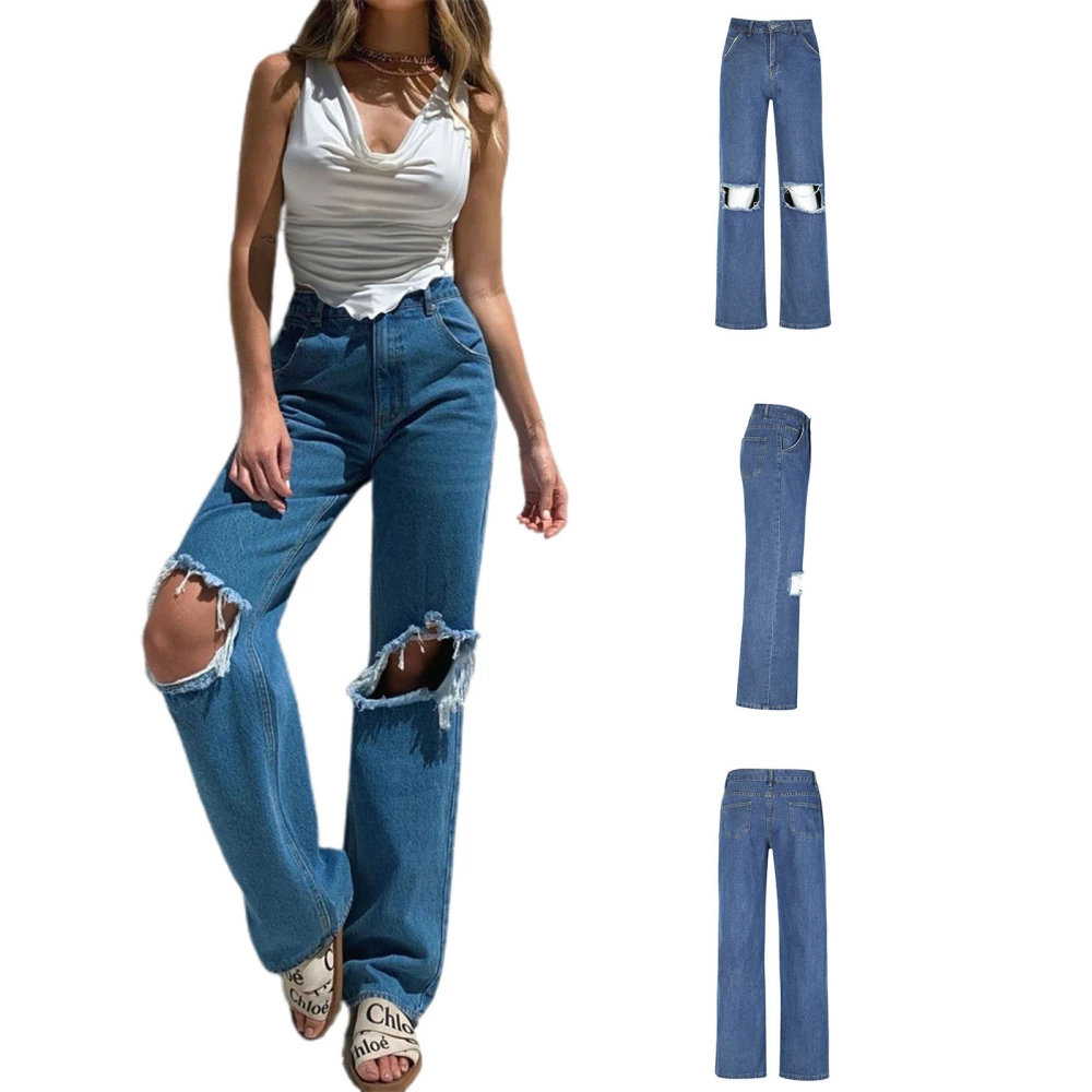 Women Straight Wide Leg Jeans, Mid Waist Denim Pants with Ripped Holes