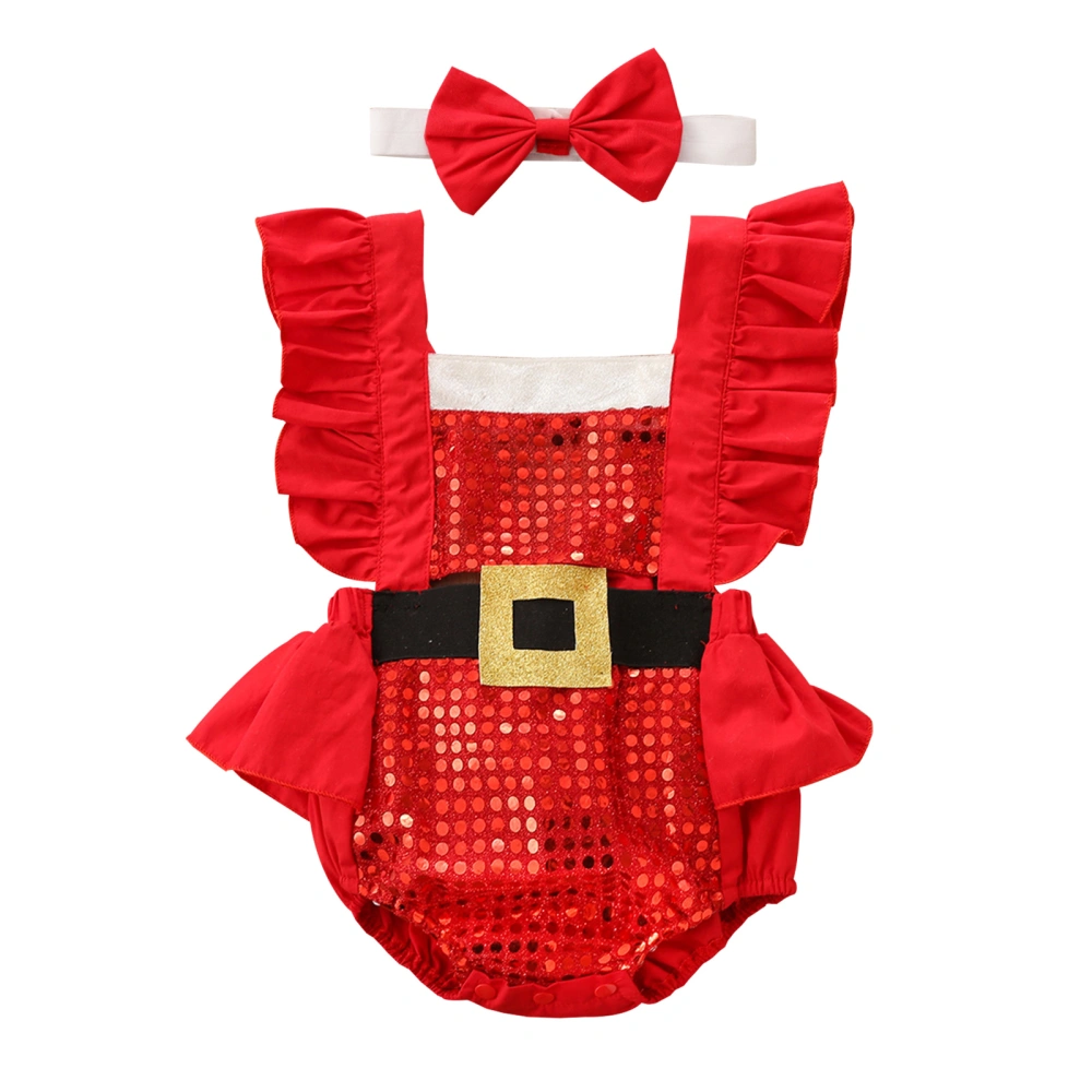 Christmas Tie-up Ruffle Sequin Fly Sleeve Square Collar Playsuit