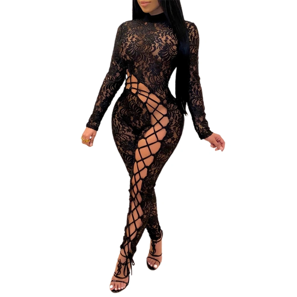 Women Wrapped Lace Romper Long Sleeve Bandage Cutout Jumpsuit