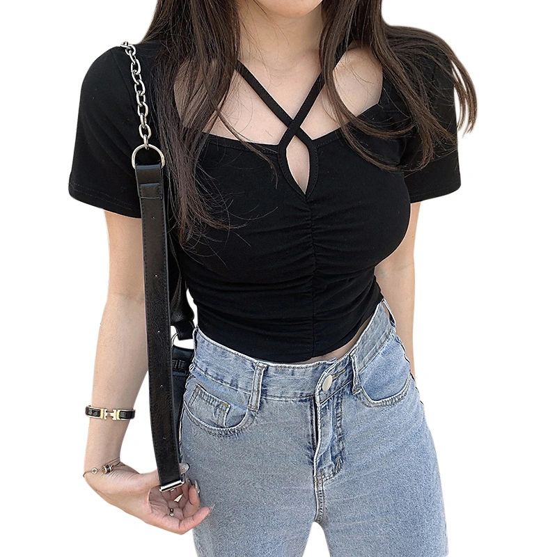 Women Casual Crop Tops, Solid Short Sleeve Slim-Fit Pleated Tops