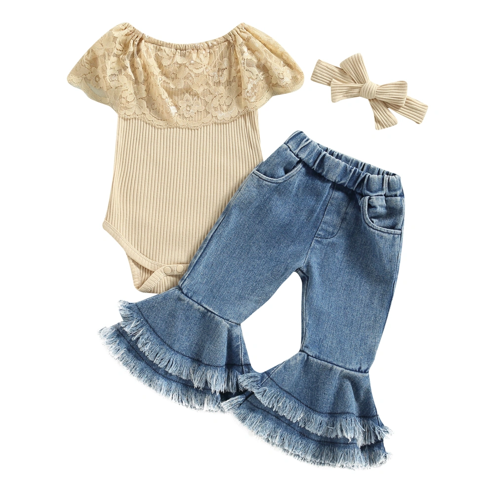 Baby Girls Pants Set Lace Patchwork Romper + Tasseled Jeans + Headband