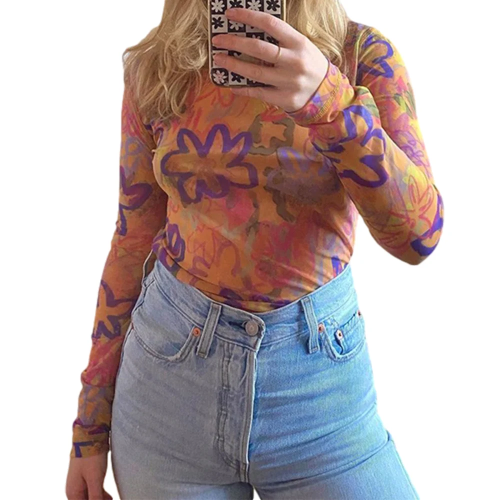 Women Retro Floral Print Tops Long-sleeved Half-high Collar Shirts