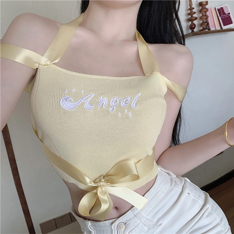 Women’s Letter Embroidery Exposed Navel Bandage Knitted Camisole