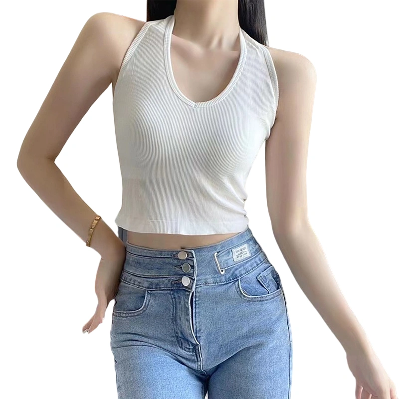 Women Vest, Sleeveless Halterneck Backless Solid Slim Fit Summer Tops