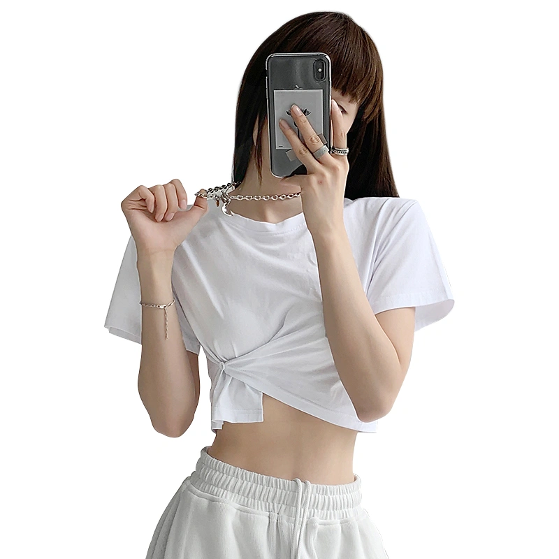 Women Irregular Crop Tops, Solid Color Short Sleeve Round Neck T-shirt