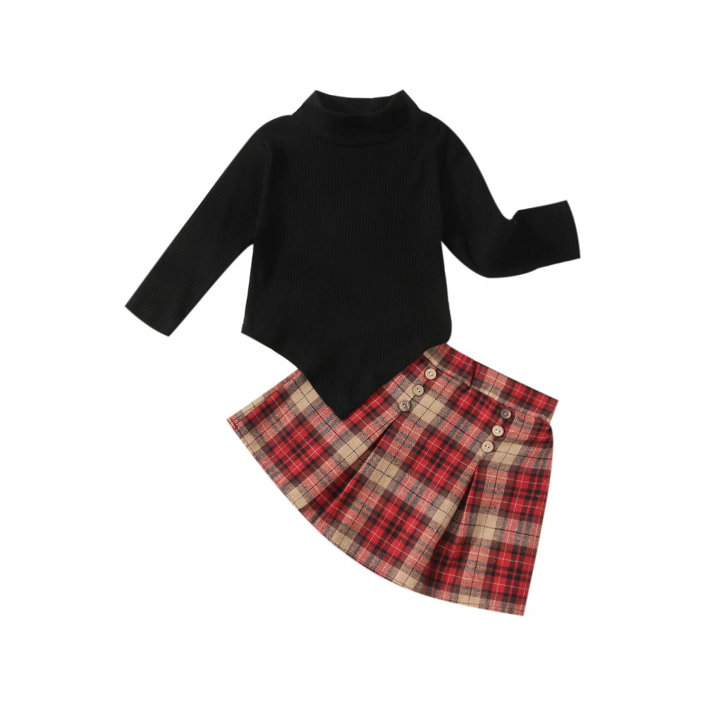 Sweet Style Little Girls Outfit, Long Sleeve Tops, Plaid Short Skirt