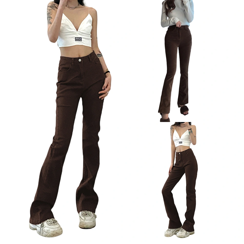 Female Jeans, Solid Color High Waist Flared Trousers Long Pants