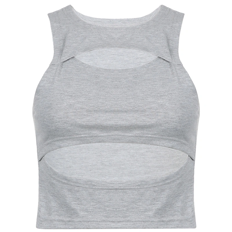 Ladies Tops Stitching Hollow Sleeveless Round Neck Pure Color Vest 