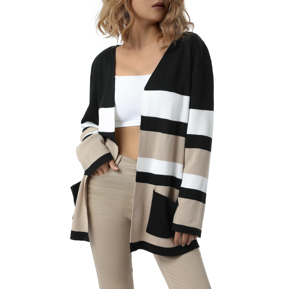 Ladies Knitwear, Stripe Long Sleeve Knitted Coat Slim Cardigan