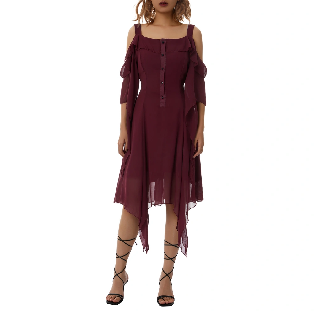 Women Dress Cold Shoulder Sleeve V-neck Ruffle Irregular Button Dress