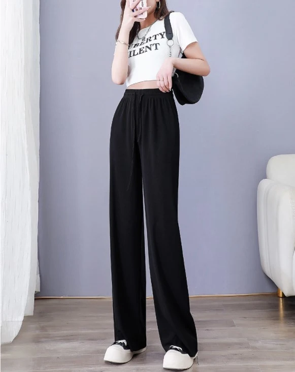 Women's Waist Drawstring Long Pants, Pure Color Straight Trousers