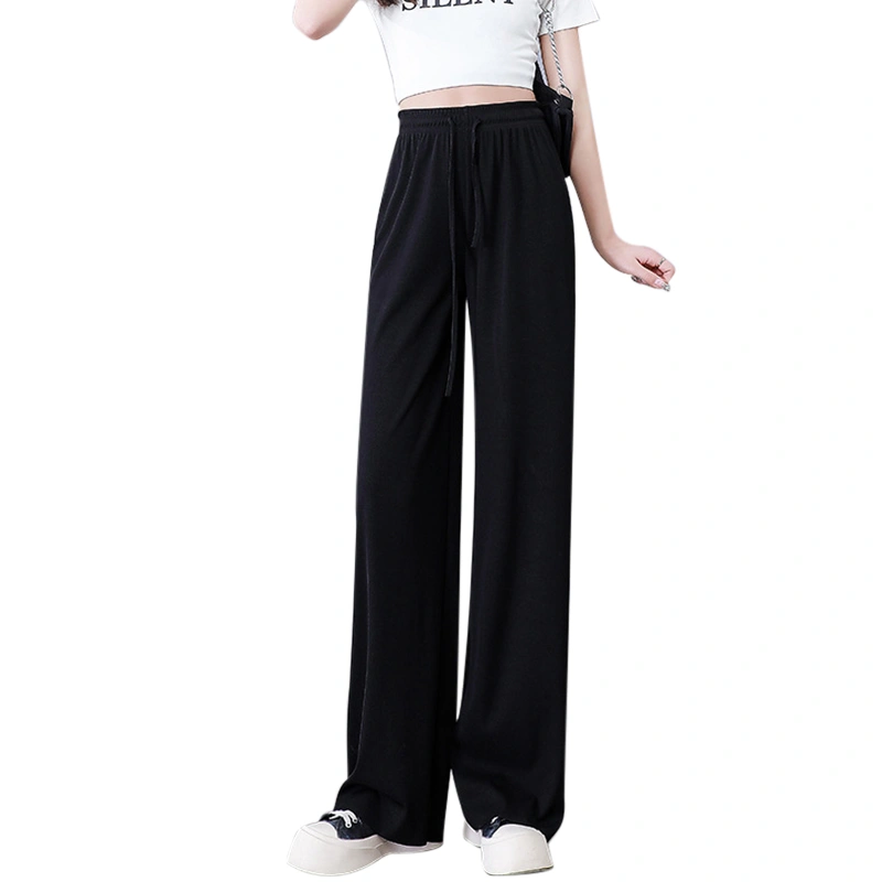 Women's Waist Drawstring Long Pants, Pure Color Straight Trousers