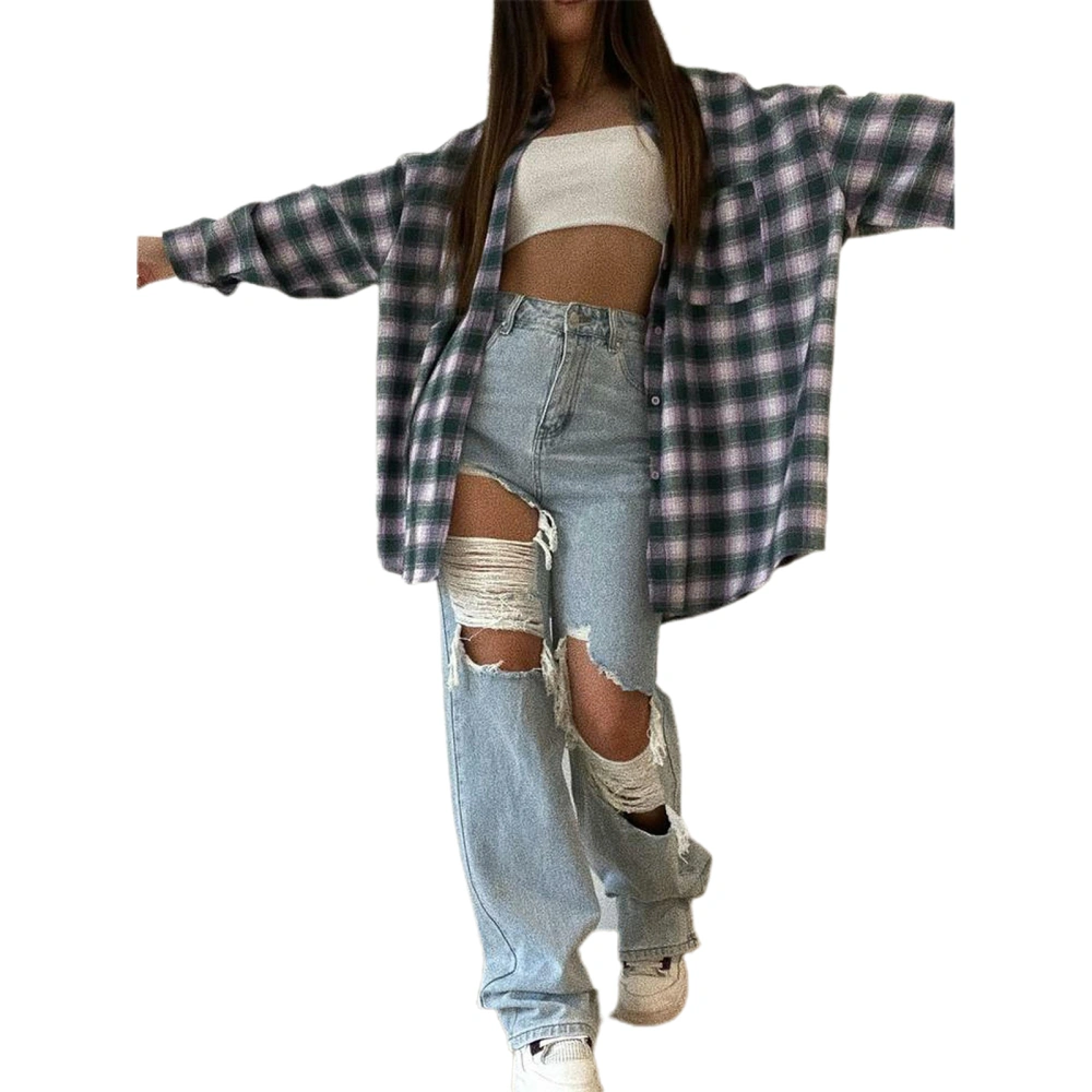 Female Ripped Jeans, High Waist Hollow Out Trousers Straight-Leg Pants